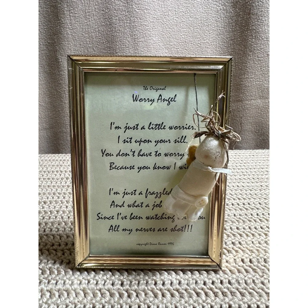 Vintage 1996 Diane Rumer The Original Worry Angel Framed Poem Gold Tone 5x7